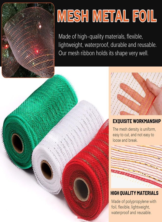 Tanstic 3 Rolls Mesh Ribbon, Deco Mesh Ribbon Christmas Deco Mesh Metallic Red Green White Mesh Ribbons Rolls for Wreaths, Gift Wrapping, Party Decorations (6 Inch x 10 Yards Per Roll) - Image 3